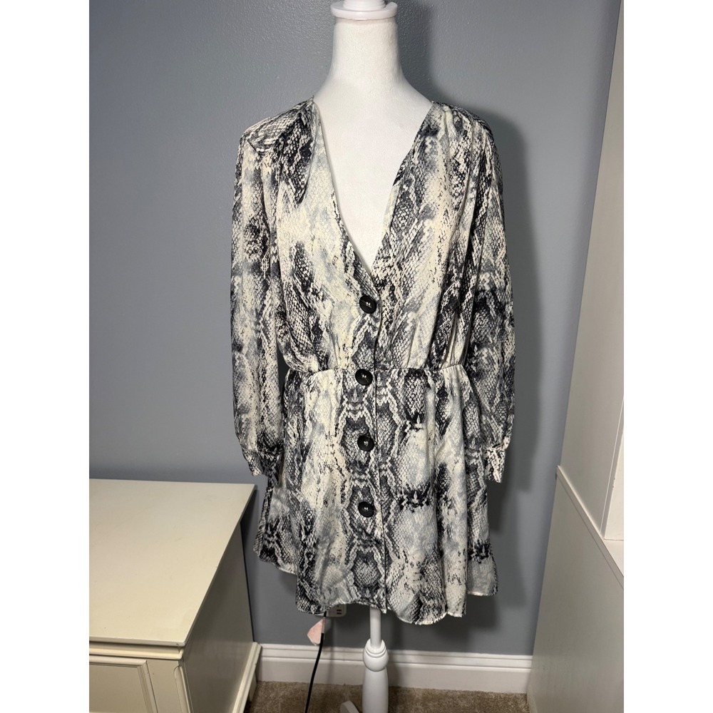 Zara Basic Snakeskin Print Button Front Mini Dress Grey Black XL NWT